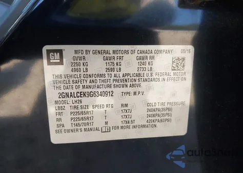 2016 Chevrolet Equinox Lt из США, поврежденный, VIN 2GNALCEK9G6340912